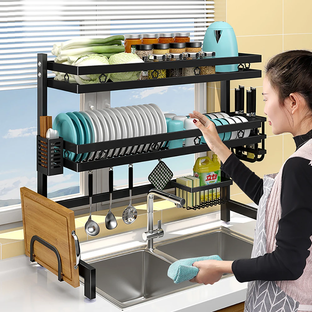 Black 2 Tier Dish Rack Kitchen Organizer Dish Drying Rack Over Kitchen Sink Countertop Storage Holders