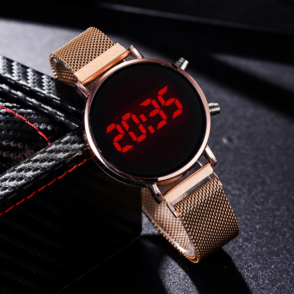 
New Fashion Women Watch Touch Screen LED Watches Magnetic Mesh Belt Female Watch Electronic Clock Digital Wristwatches for Gift 