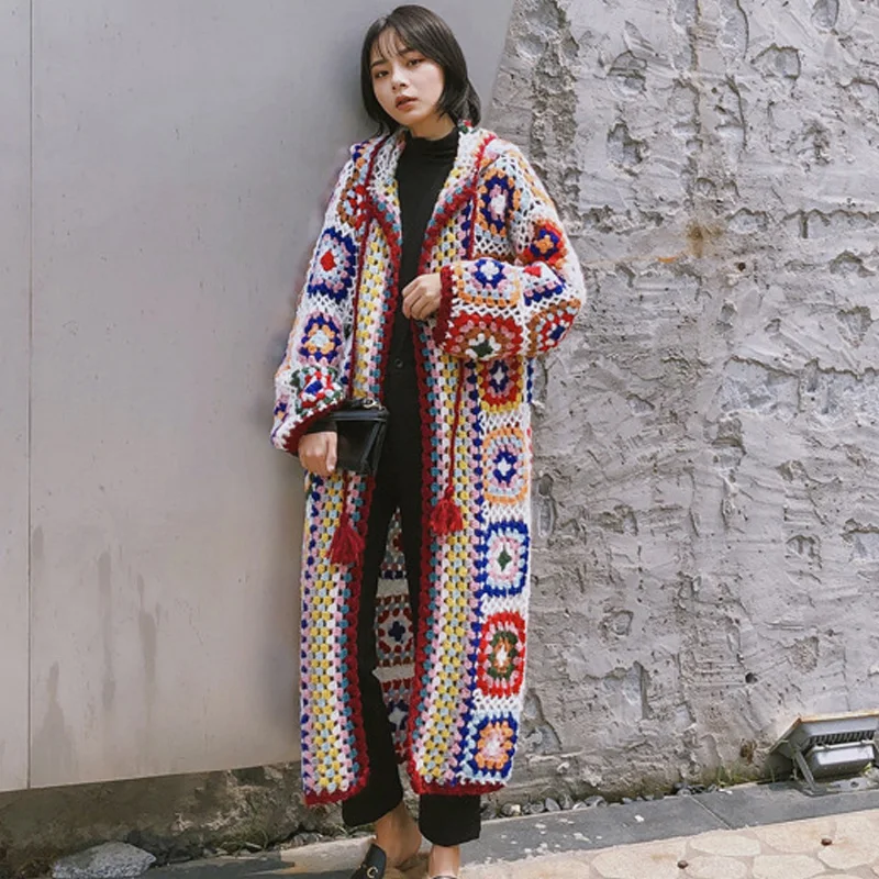 Wholesale 2021 Spring Autumn Ethic Casual Loose Handmade Crochet Hooded Long Sleeve Women Crochet  Sweater Cardigan