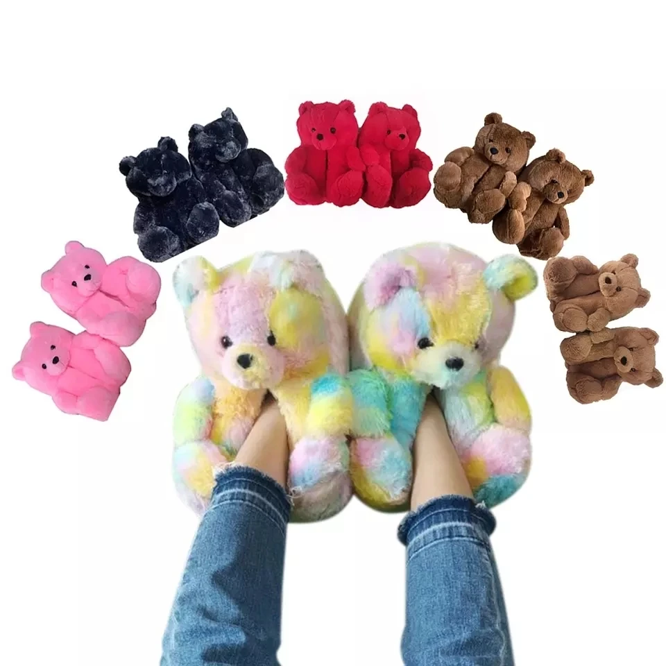 Teddy Bear Slipper Winter Furry Bear Slippers Slides Home Fuzzy Bear Slippers For Women Girls
