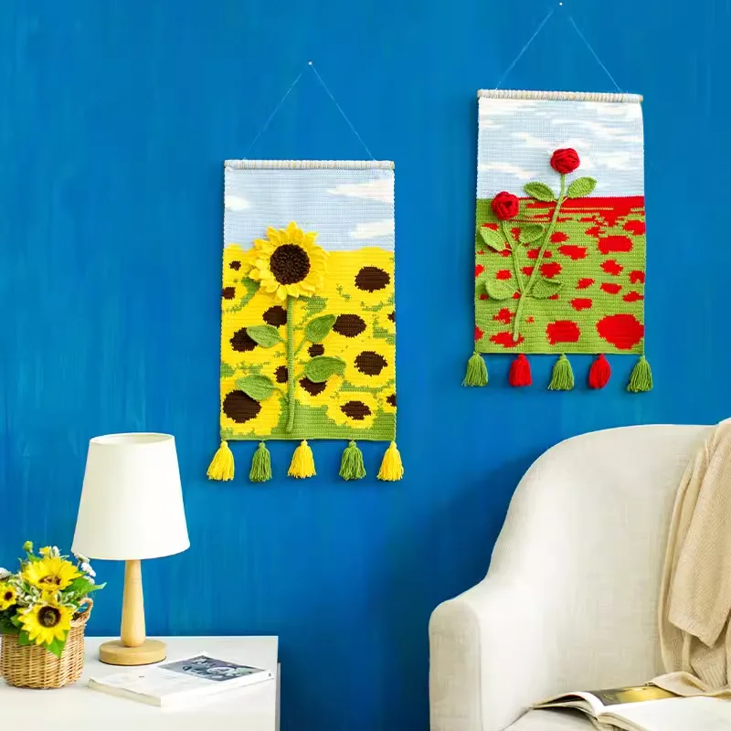 Customized Beautiful Artificial Flower Decorations Crochet Handmade Knitted Tapestry Garden Design Hangings