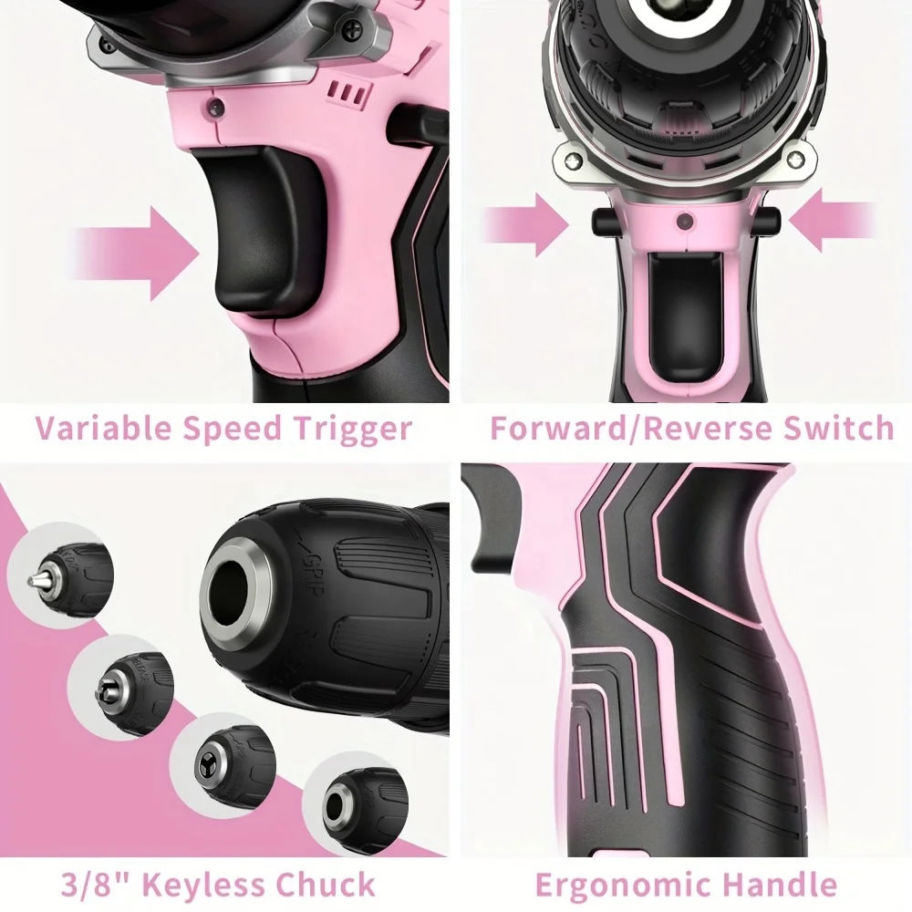 Wholesale Electric 12V/20V Power Tools Professional Cordless Pink Drill Wireless Drills DIY Tool Box
