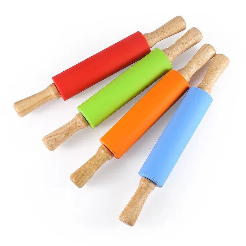 OEM Non Stick Custom Pattern Silicone Baking Rolling Pin with Wooden Handle Dough Rolling Pin