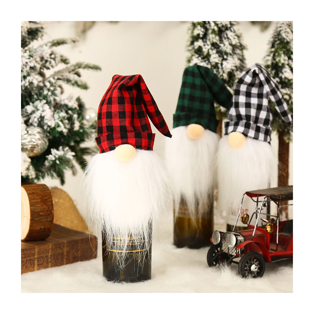 2023 hot sale party decoration wine gift bag grid mini hat white mustache Santa Christmas wine bottle covers