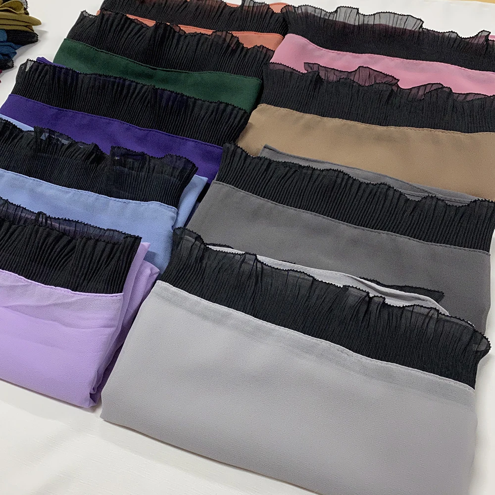 Stitched Pleated Eyelash Lace Hijab Bubble Chiffon Scarf Long Size White and Black Lace Elegant Islamic Shawls Headband Wrap