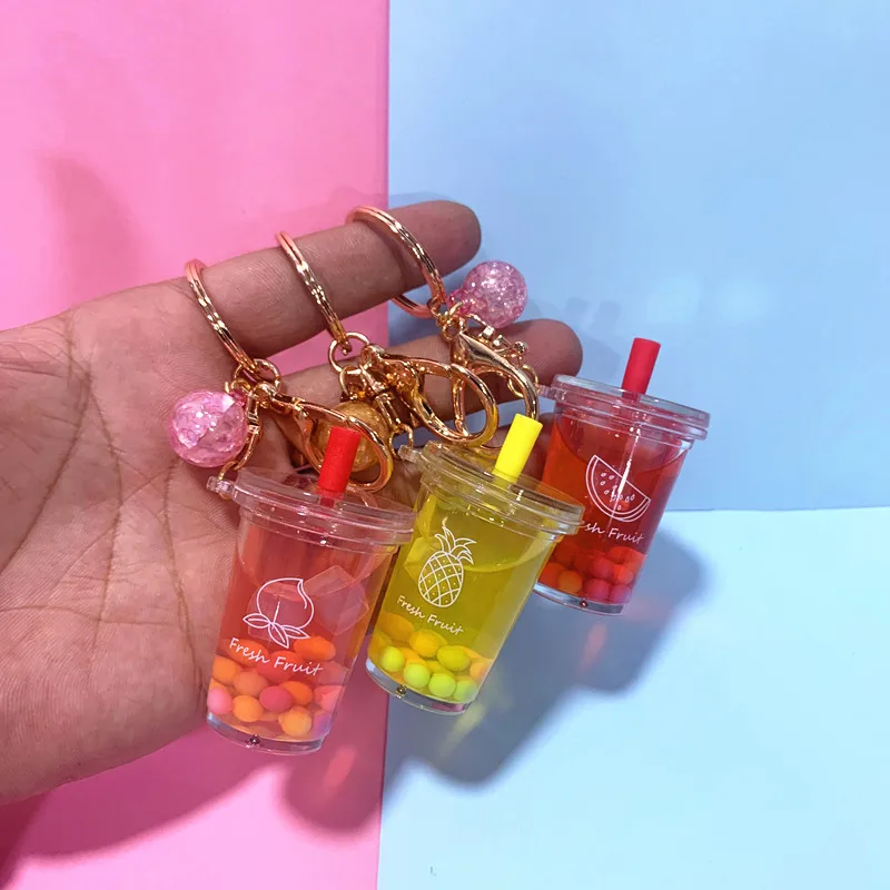 2020year  Girls Fashion Milk Tea boba Glitter Design Key Rings Gift Detachable Keychain