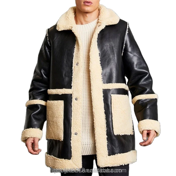 Custom winter reversible leather look and borg aviator outdoor oversized jacket for men