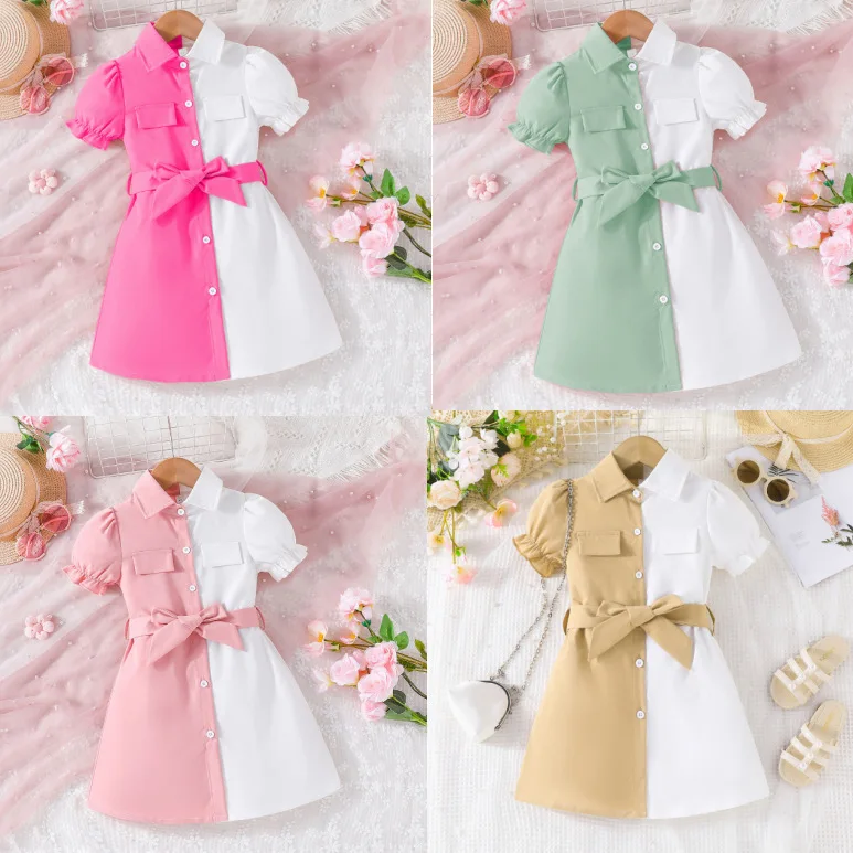 2024 New Design Long Sleeve Kids Dresses for Girls Baby Girls Sweet Clothing with Neck Solid Pattern Button Decoration Summer