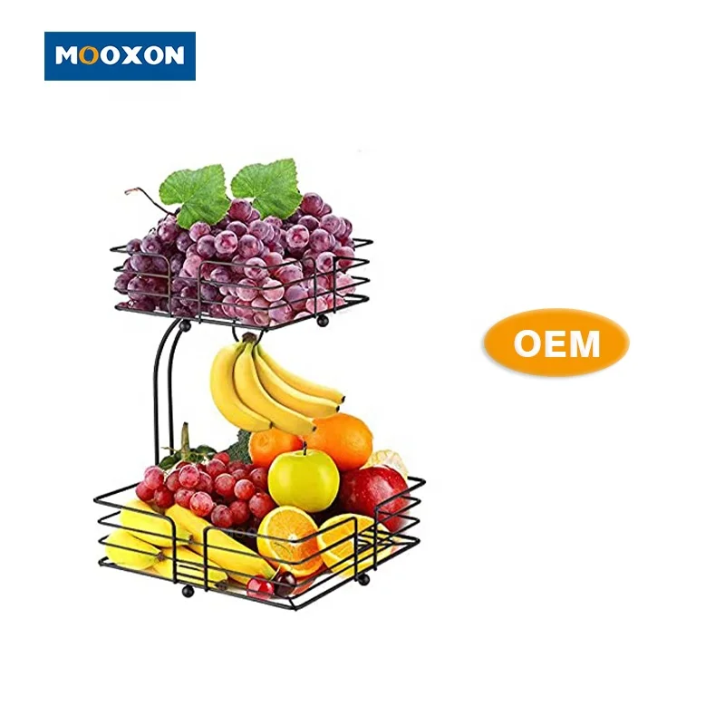 2 Tier Nordic Countertop Metal Iron Black Kitchen Organizer Storage Hanging Fruit Vegetables Basket With Banana Holder