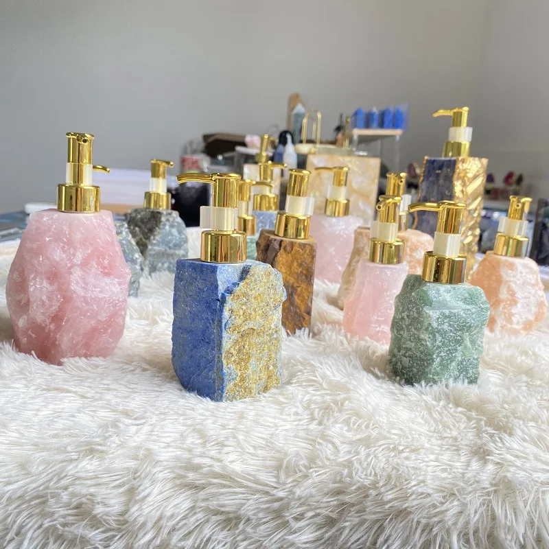 Luxury Crystal Mineral Soap Dispenser with Glossy Gold Color Pump - Natural Stone Ore Soap Dispenser