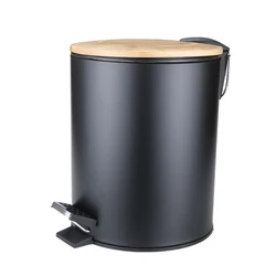3L 5L 7L Round Metal Trash Can with Bamboo lid and Pedal Garbage Container Bin with Removable Inner Wastebasket