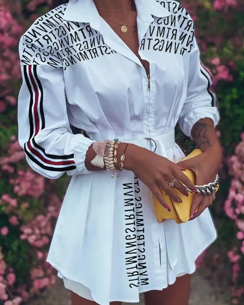 Женское офисное платье-трапеция белое платье-рубашка с длинным рукавом одежда для весны и осени