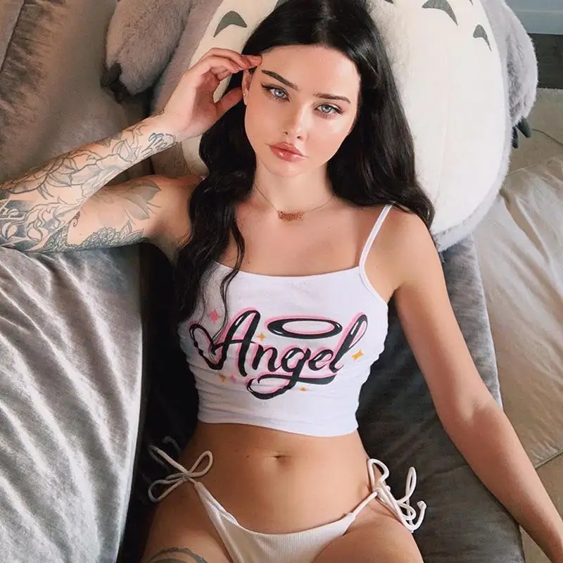 Wholesale Bulk Crop Tops Printed Cute Ribbed Workout Shirts Solid Color White Black Women Tank Top