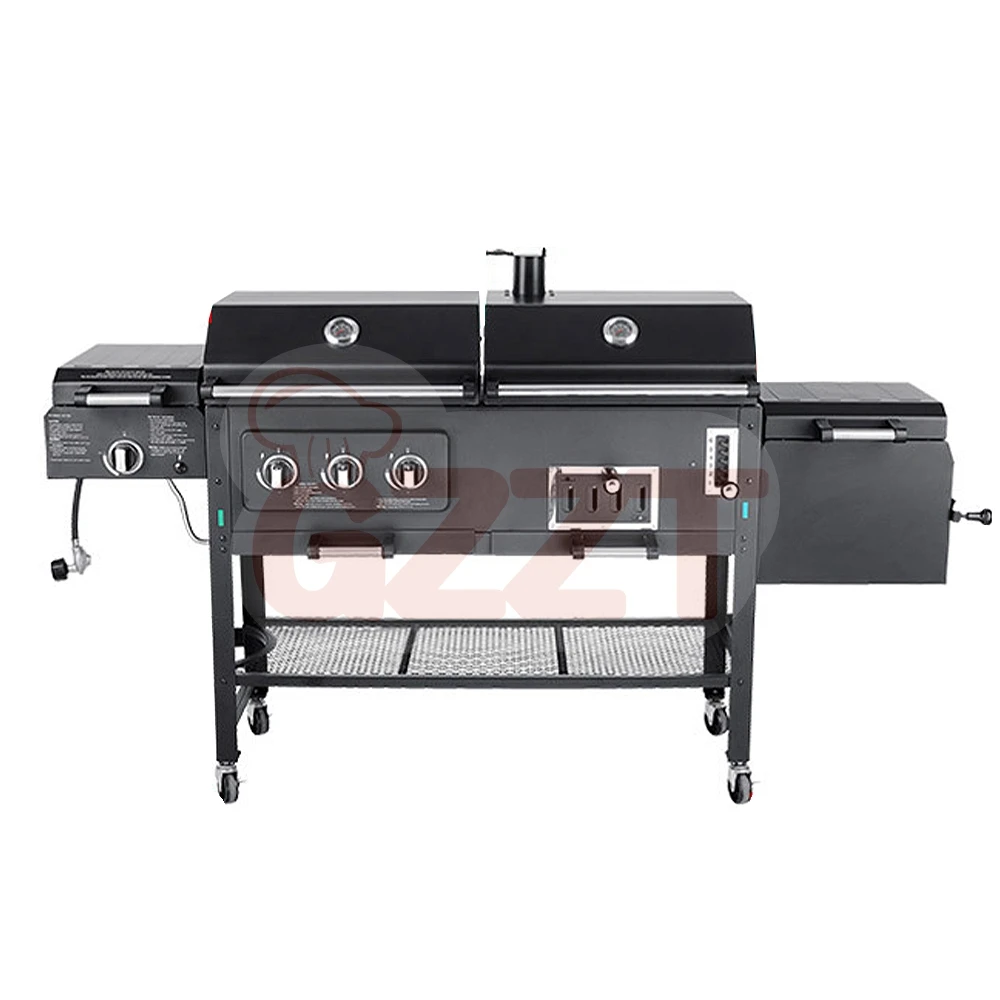 American Outdoor Garden Large Gas And Charcoal Grill Combo Smokeless Barbecue Bbq Commercial Grill Trolley With Smoker Oven