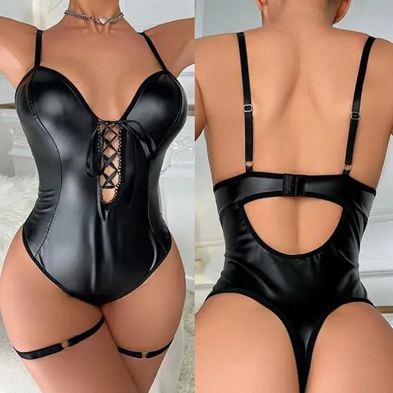 Europe and America Porn Woman PU Bodysuit Deep V High Quality Bikini Women Garter Set PU Leather Lingerie Women Sexy Underwear