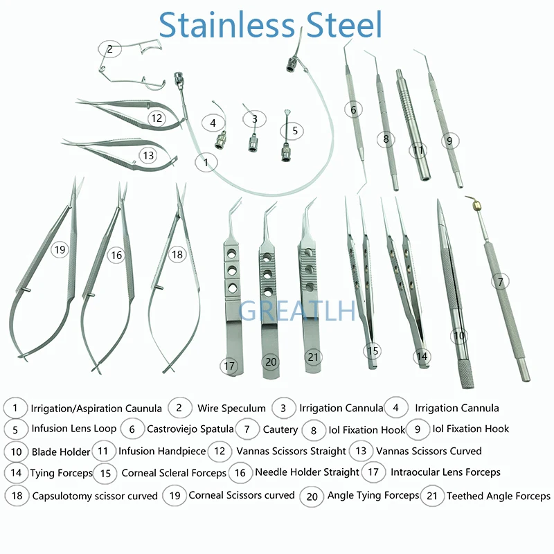 21pcs instrument stainless steel without case medical plastic tweezer Ophthalmic Cataract Set surgical forceps