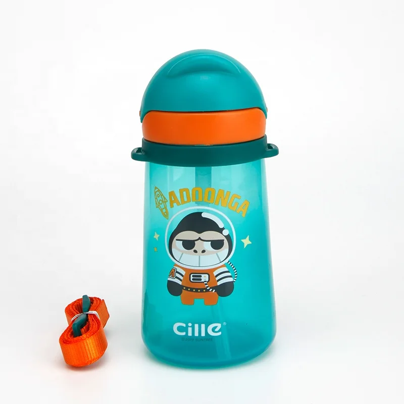 Cille 460ml Custom Cartoon Children Bottle Travel leakage-proof Plastic BPA Free Kids Drinking Cute Water Bottle with Straw