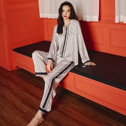 Ladies Silk Vertical Stripe Spring Summer Pajama Set Pyjama De Luxe Women Sleepwear Loungewear Set
