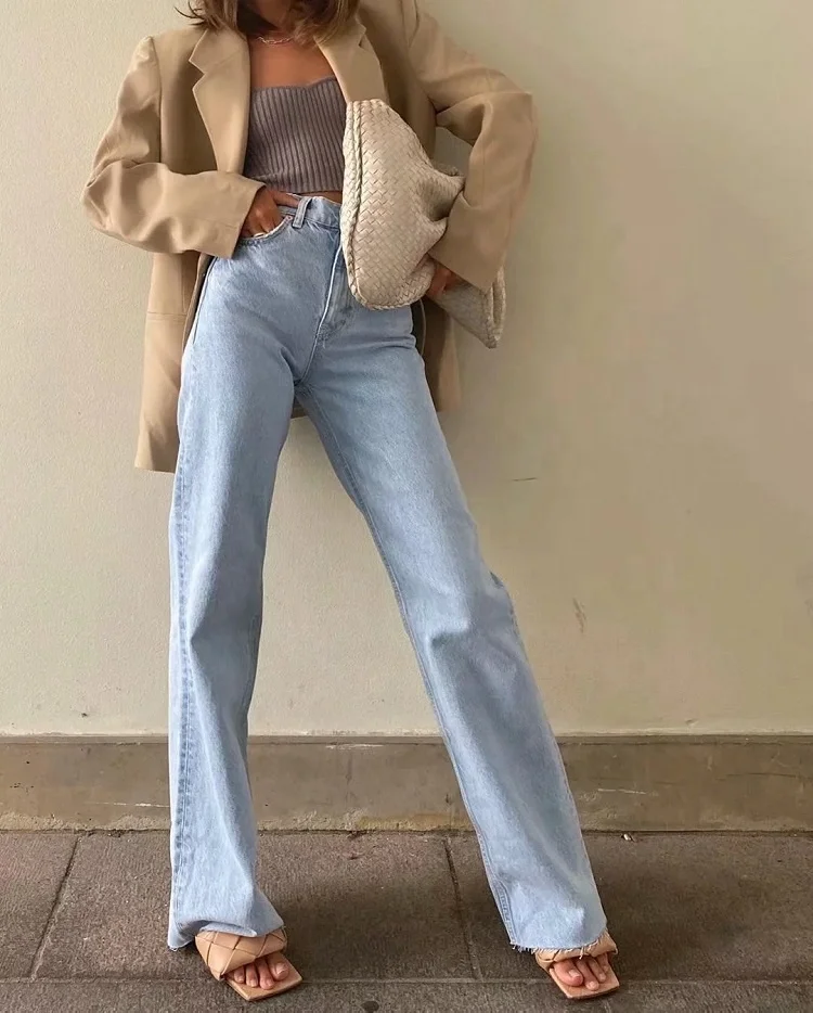 2021 High Waist Raw-edge Wide-leg Women Trousers Summer Loose Straight-leg Jeans