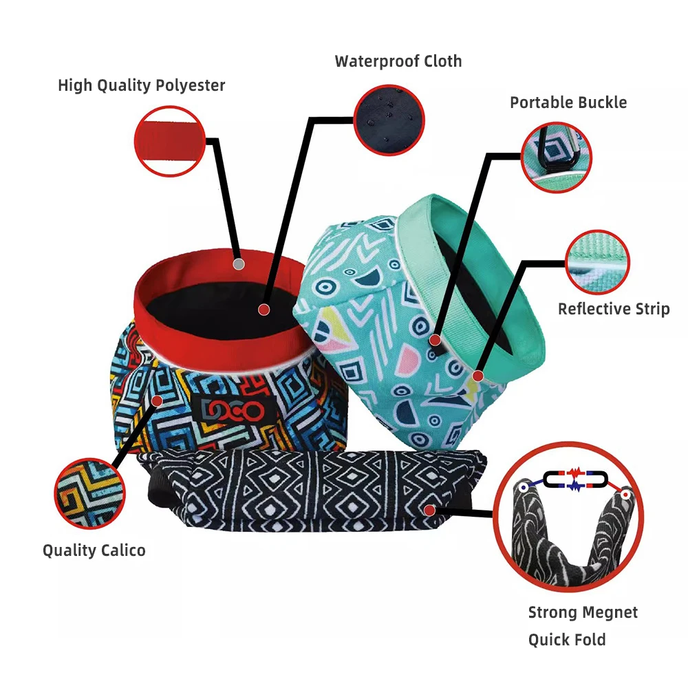 Eco Friendly Recycled Reflective Pet Bowls Foldable Waterproof Cloth Portable Travel Magnet Folding Multifunctional Dog Bowl