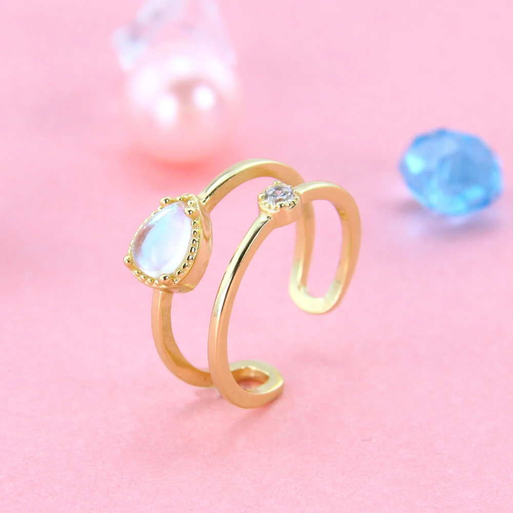 Delicate 14k Solid Gold Plated Jewelry Anillos De Moda 925 Sterling Silver Jewelry Moonstone Ring