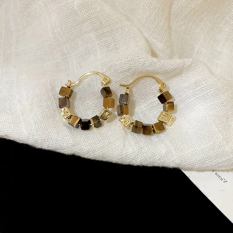 Square Tiger Eye Stone Beaded Earrings Fashionable Luxury Style Earrings Simple and High Grade Retro Earrings