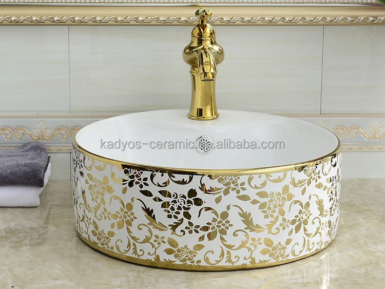 
KD-05GBI Golden Shining Ceramic Wash Art Basin Gold Plated Leaf Design Hotel Bathroom Hand Wash Basin 