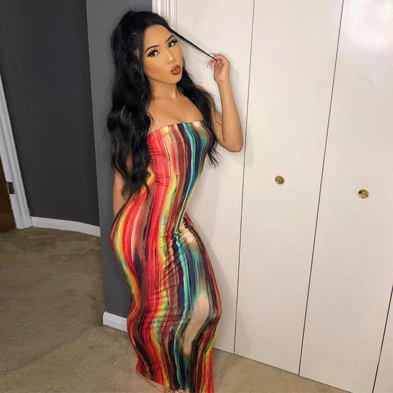 Women Summer Dresses 2021 Casual Strip Colorful Strapless Maxi Long Dress For Lady