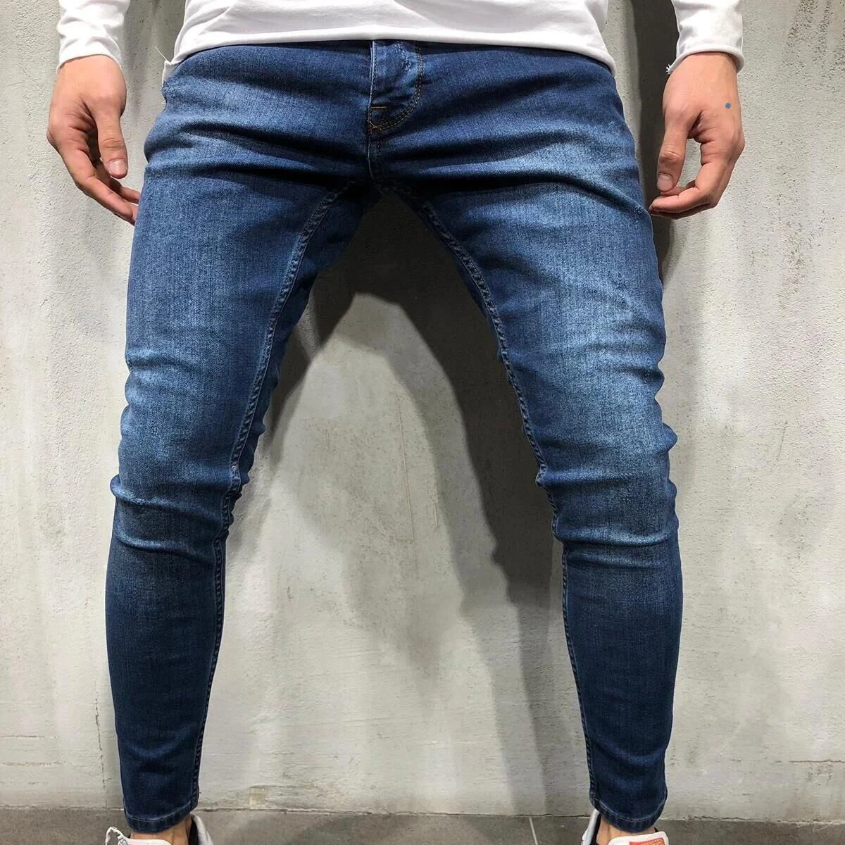 2021 Blue Classic Retro Jeans Men Skinny Slim Pencil Pants High Quality Elastic Jogging Denim Pants  Mens Wash Pleated Jeans