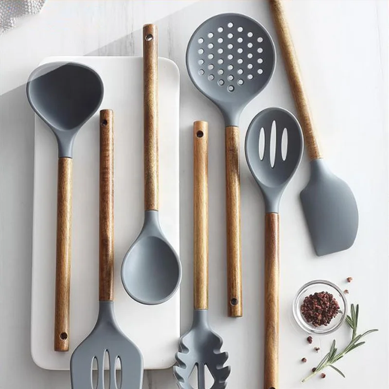 Kitchen utensils silica gel kitchenware cooking acacia wood handle silica gel kitchenware set