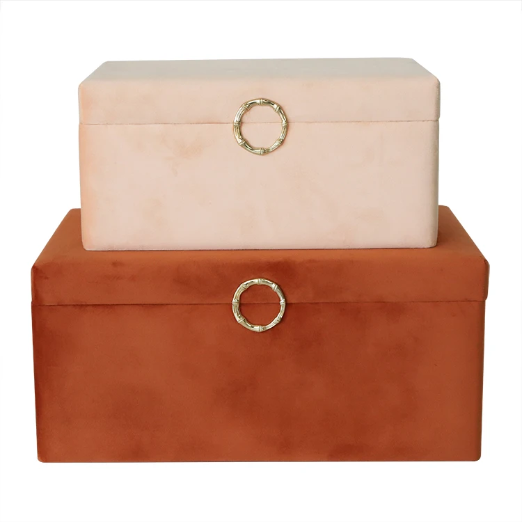 Set of 2 brown and peach fuzz travel trunks velvet storage trunk with gold metal handle