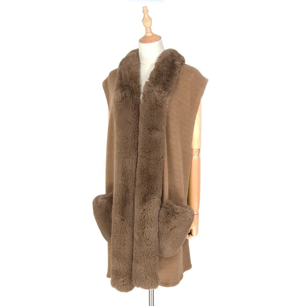 
Hot Wholesale Autumn Knit Cardigan Faux Fur Trim Cashmere Women Vest With Pockets Sweater Coats 