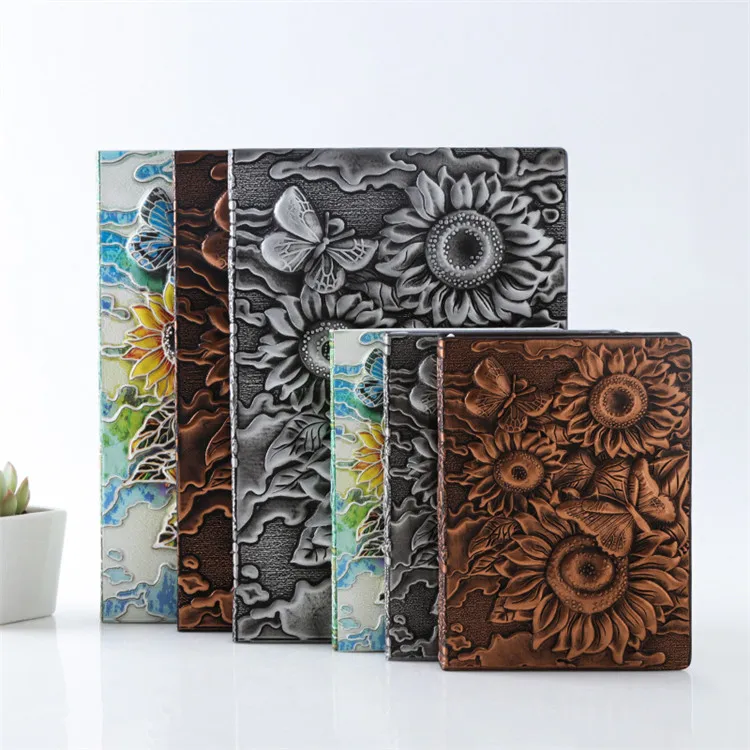 Antique A6 Pocket Mini Journal Diary, Sunflower Creative 3D Embossed PU Leather Notebook - Copper