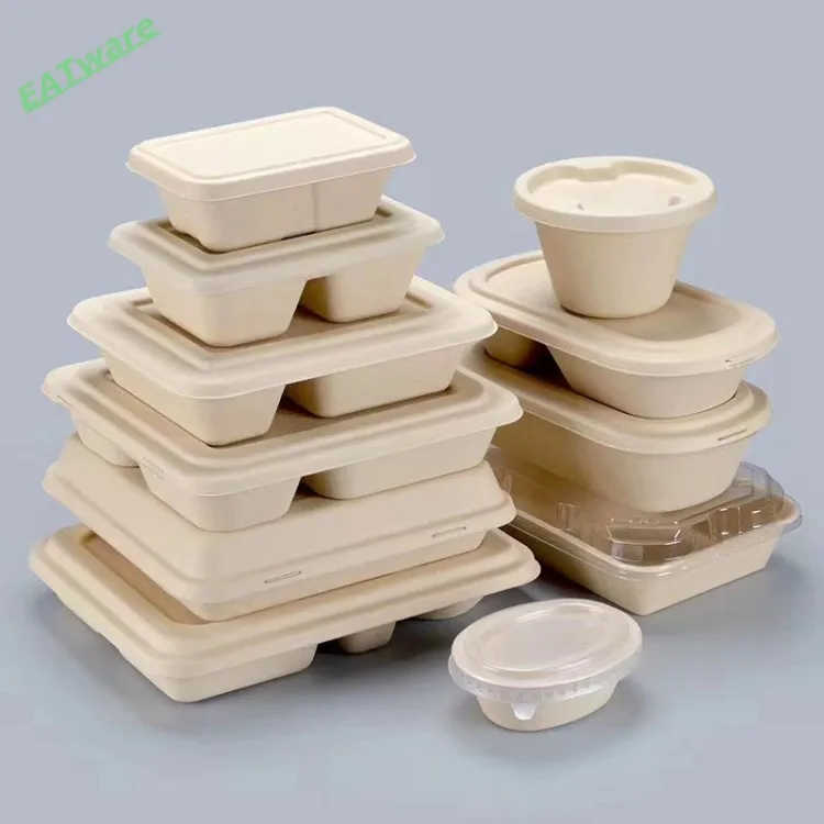 PFAS Free Factory Wholesale disposable fast food container box compostable bamboo pulp paper pizza plate with 1 or 3 partition