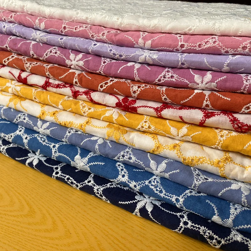 Colorful Cotton Embroidered Fabric White Flowers Wholesale Dress Fabric