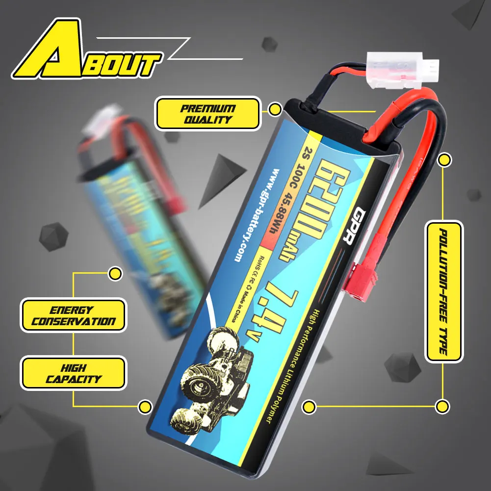 Rechargeable GPR 6200 mAh 2S High Discharge Rate 100C 7.4V Lipo Battery With T Plug Connector For RC Helicopter Racing Car