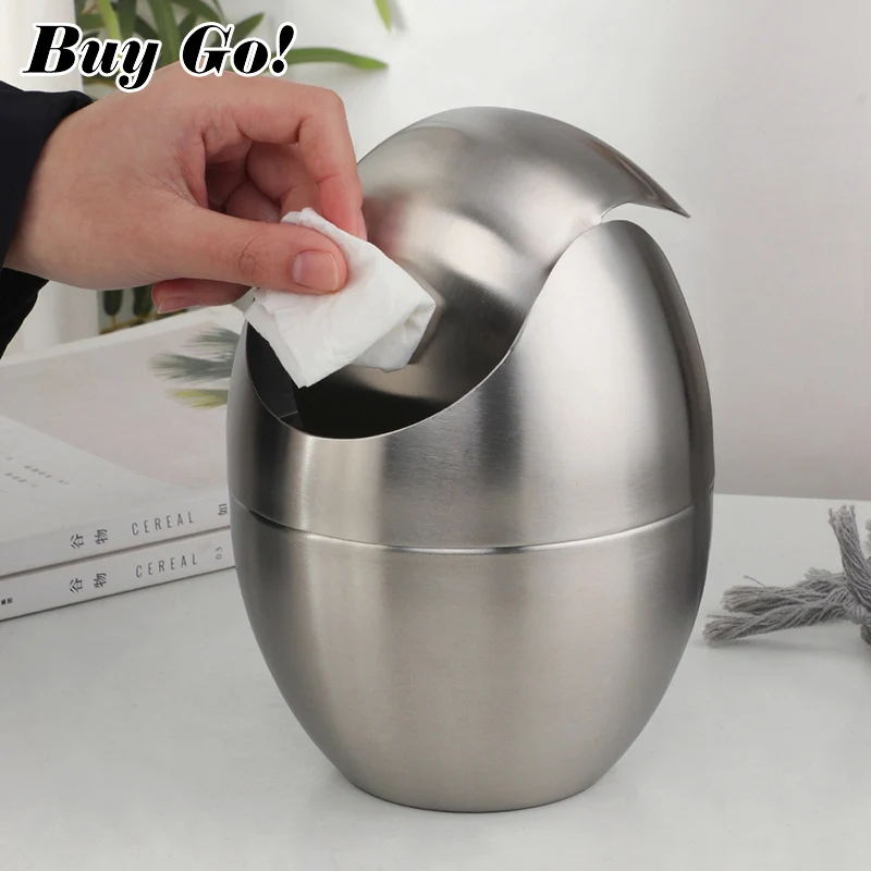 Egg Shape Desktop Trash Bin Small Wast Container Gold Stainless Steel Desktop Garbage Can with Rolling Cover