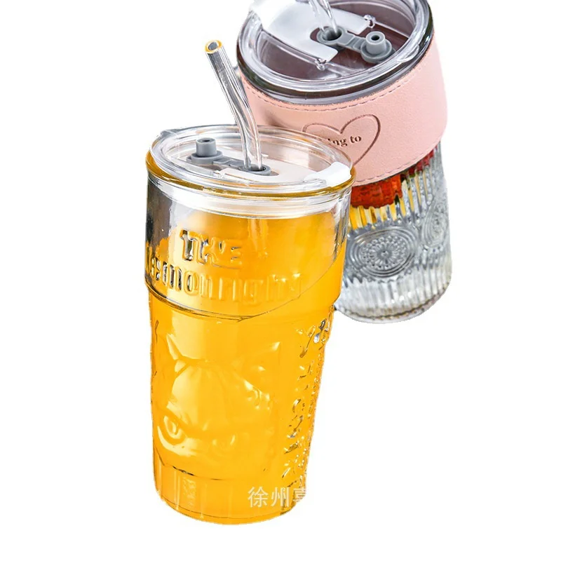 New Ins 600ml clear blank drinking tumbler tea coffee cup mug glass cup travel coffee glass mug cup with lid and straw/sleeve