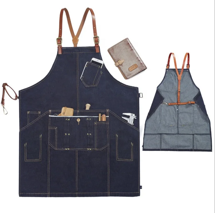 Fashion bartender waiter denim apron with belt apron custom logo hot barista overalls leather shoulder strap unisex