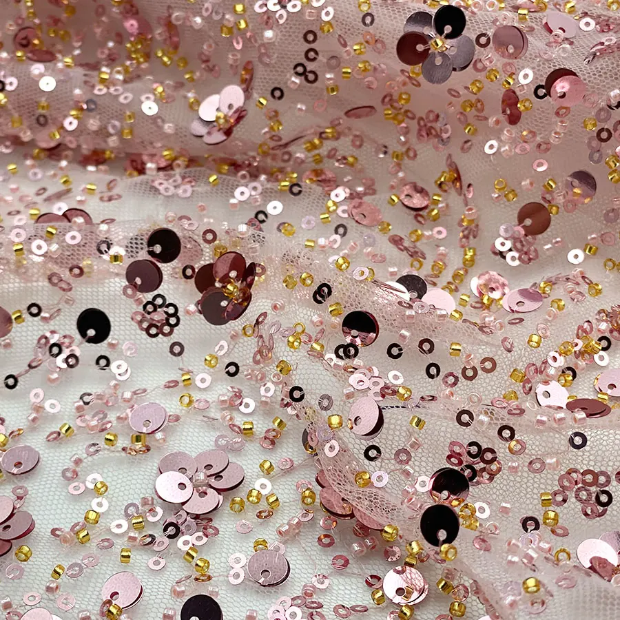 Wholesale luxury full polka dots colorful mesh gold beads lace fancy diamond tulle embroidered bridal dress sequin fabric