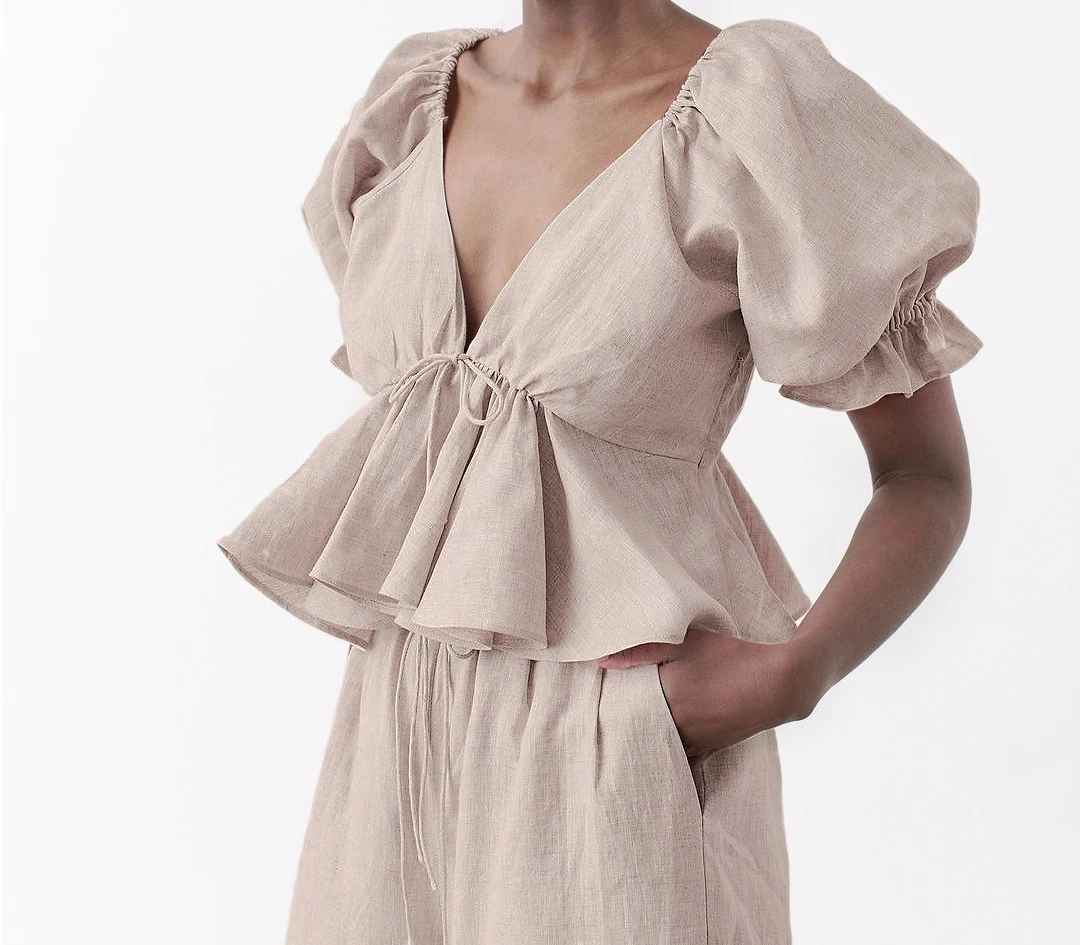 OOTN Khaki Linen Women Blouse Vintage Summer Shirt Drawstring Cotton Linen Trousers Two Piece Set Women Clothing