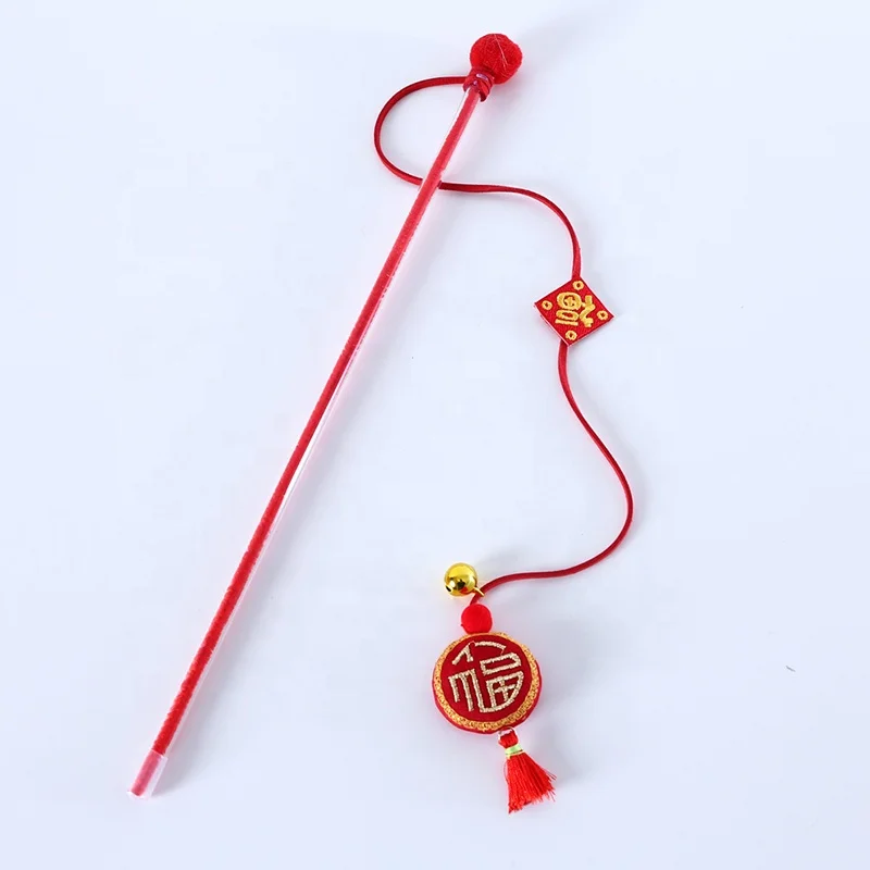 Pet Cat New Year Embroidery Fu Character Tassel Lantern Funny Cat Stick Sounding Bell Interactive Training Self-high Toy Pole