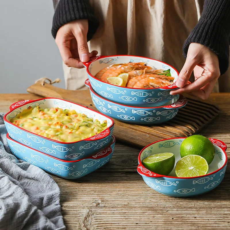 Low Cost Chinese Style Safe Environmentally Friendly Swimming Fish Barbecue Grilled Blue Series Hand Painted  Ceramic Bake Dish