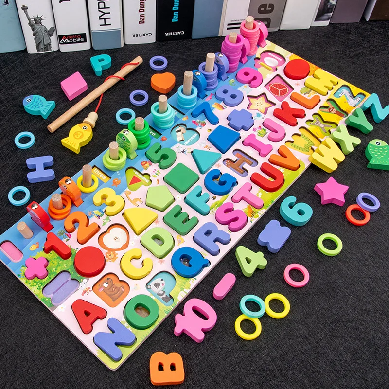 
Wooden Magnetic Puzzle Alphabet Shape Number Sorting Fishing Game Toys Educational Math Stacking Block Learning Jigsaw Board 
