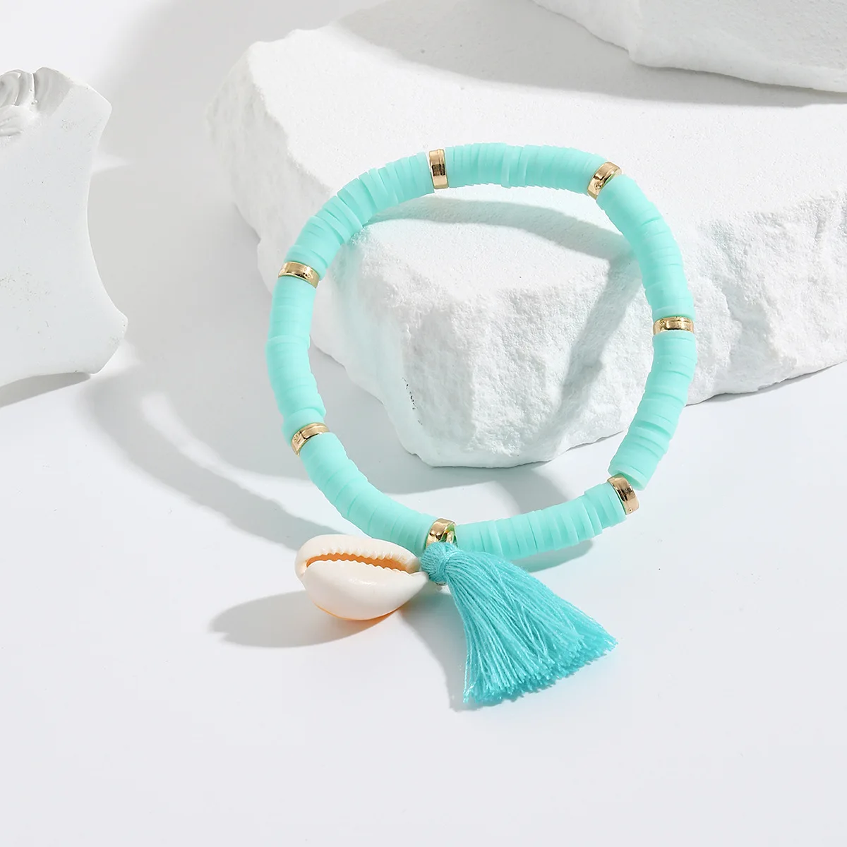 Soft Pottery Polymer Clay Bracelets Colorful Beads Shell Tassel charm Bracelet Beach Charm Elastic beads bracelet