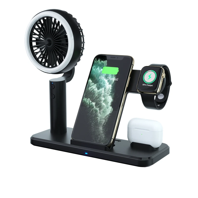 
2021 multi-function QI wireless charger station for mobile phone earphone smart watch with portable fan LED lamp 
