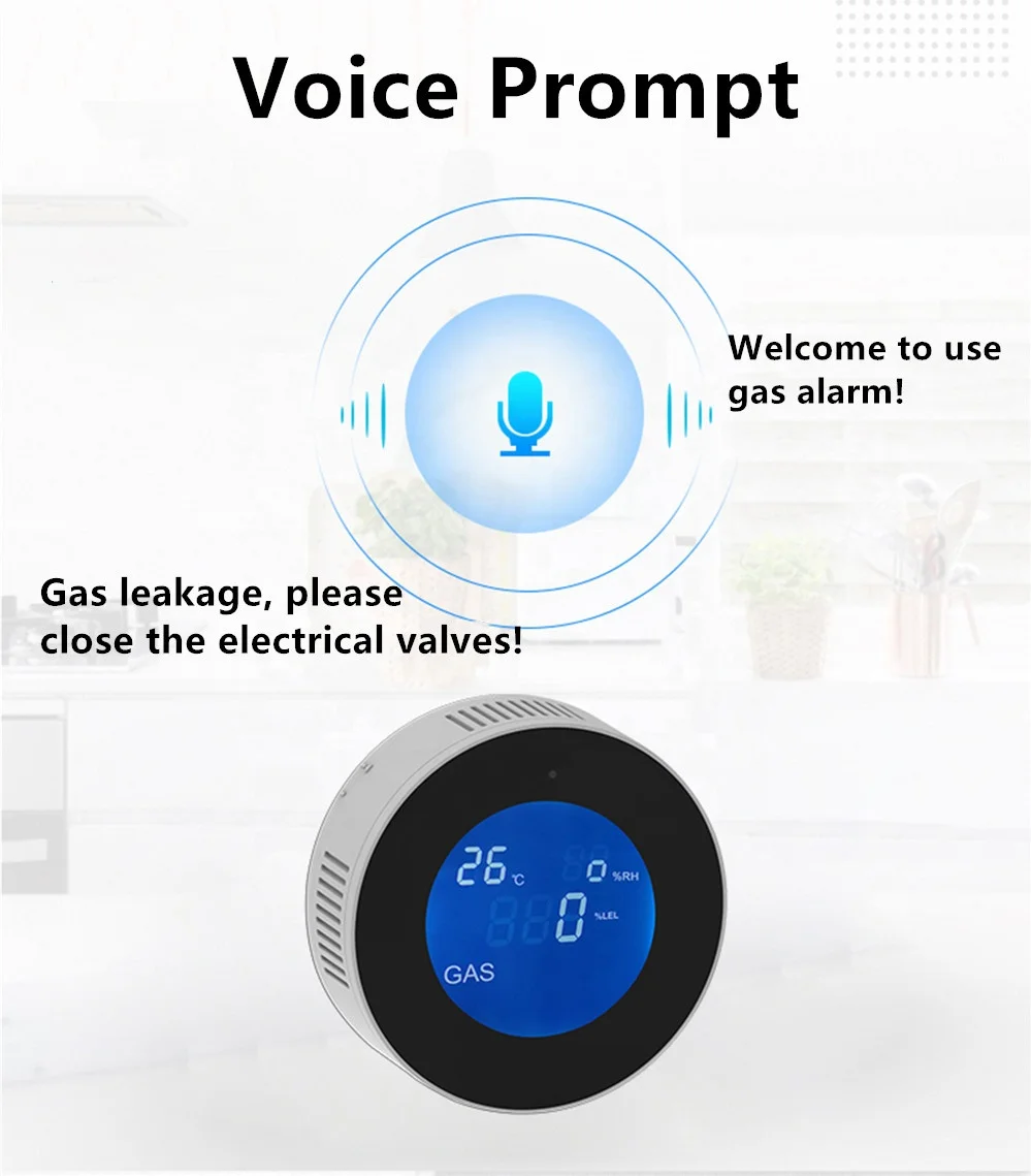 Tuya WiFi 2.4G Smart Home Security Alarm Domestic LPG Natural Gas Detector with Sound and Voice Warning