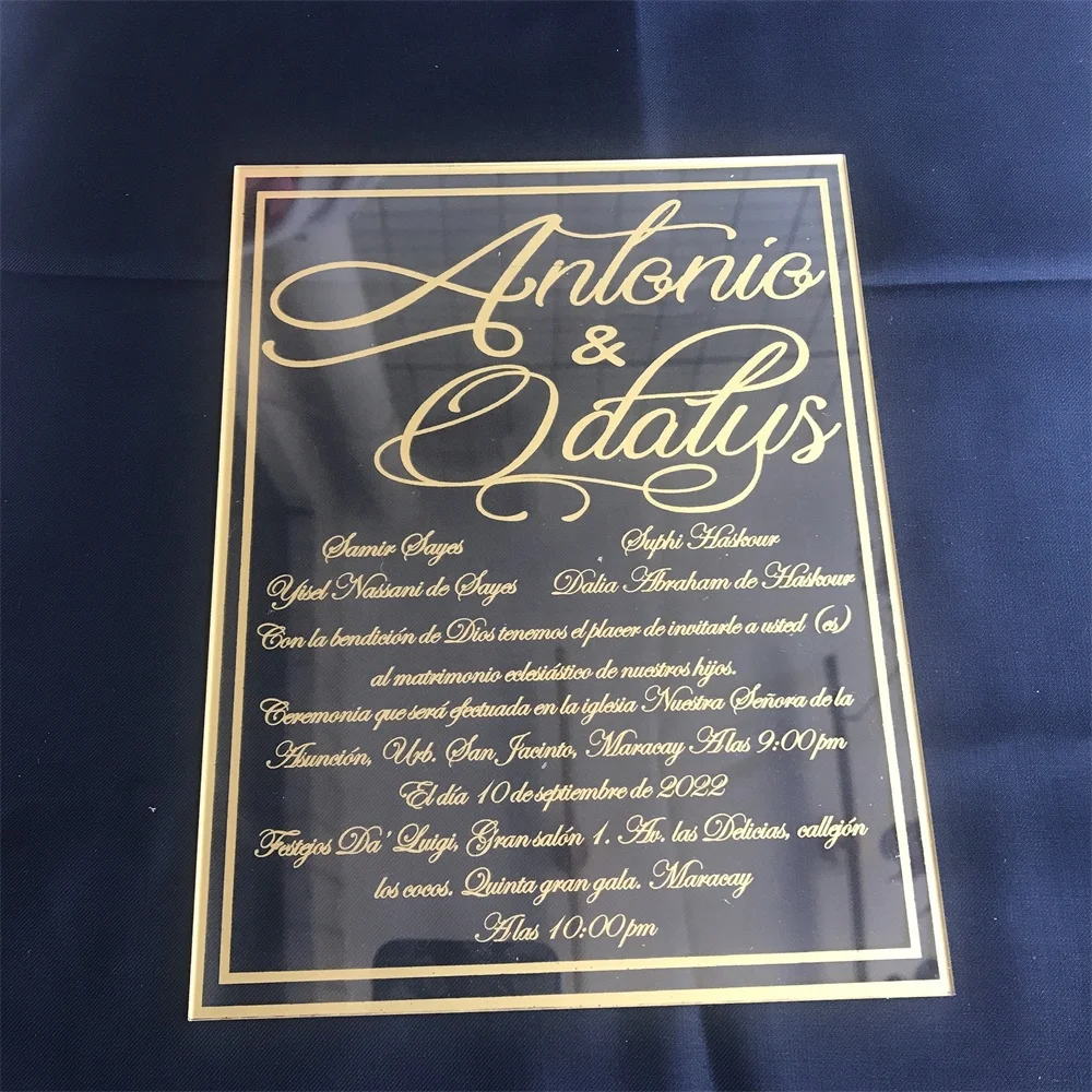 quinceanera invitation Transparent Wedding Invitation Gold Foil Printed Letetr Acrylic Glass Bride Groom Names for Event