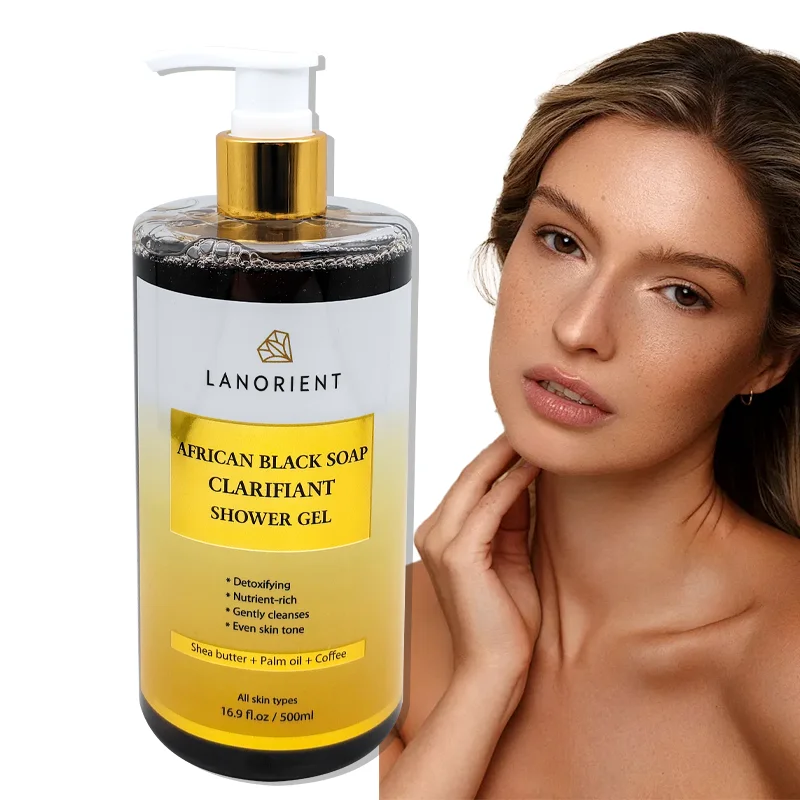 Private Label LANORIENT Natural Shea Butter Nourish Skin Even Skin Tone African Black Soap Coffee Shower Gel For All Skin Types