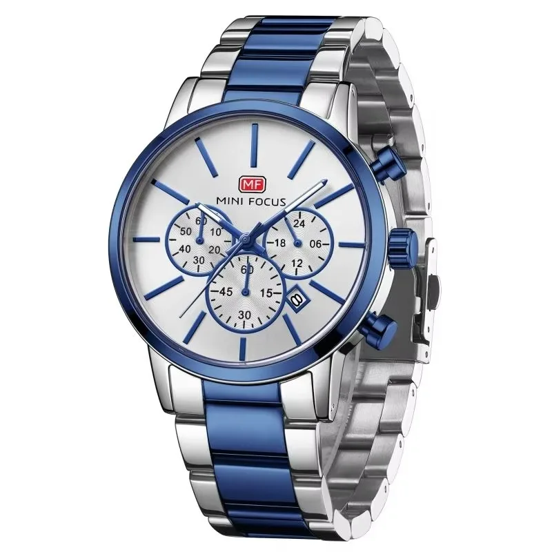MINI FOCUS MF0294G fashion blue man quartz watch stylish steel Strap Waterproof Calendar free shipping sports wrist watch